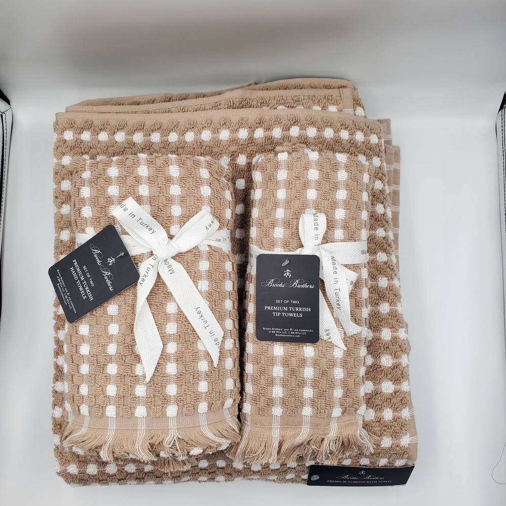 Brooks Brothers 6pc Premium Turkish Cotton Towel Set Tan‎ White Textured Fringed - Picture 2 of 6